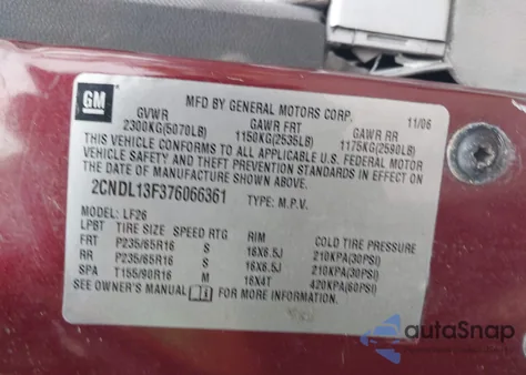 2007 Chevrolet Equinox Ls из США, поврежденный, VIN 2CNDL13F376066361